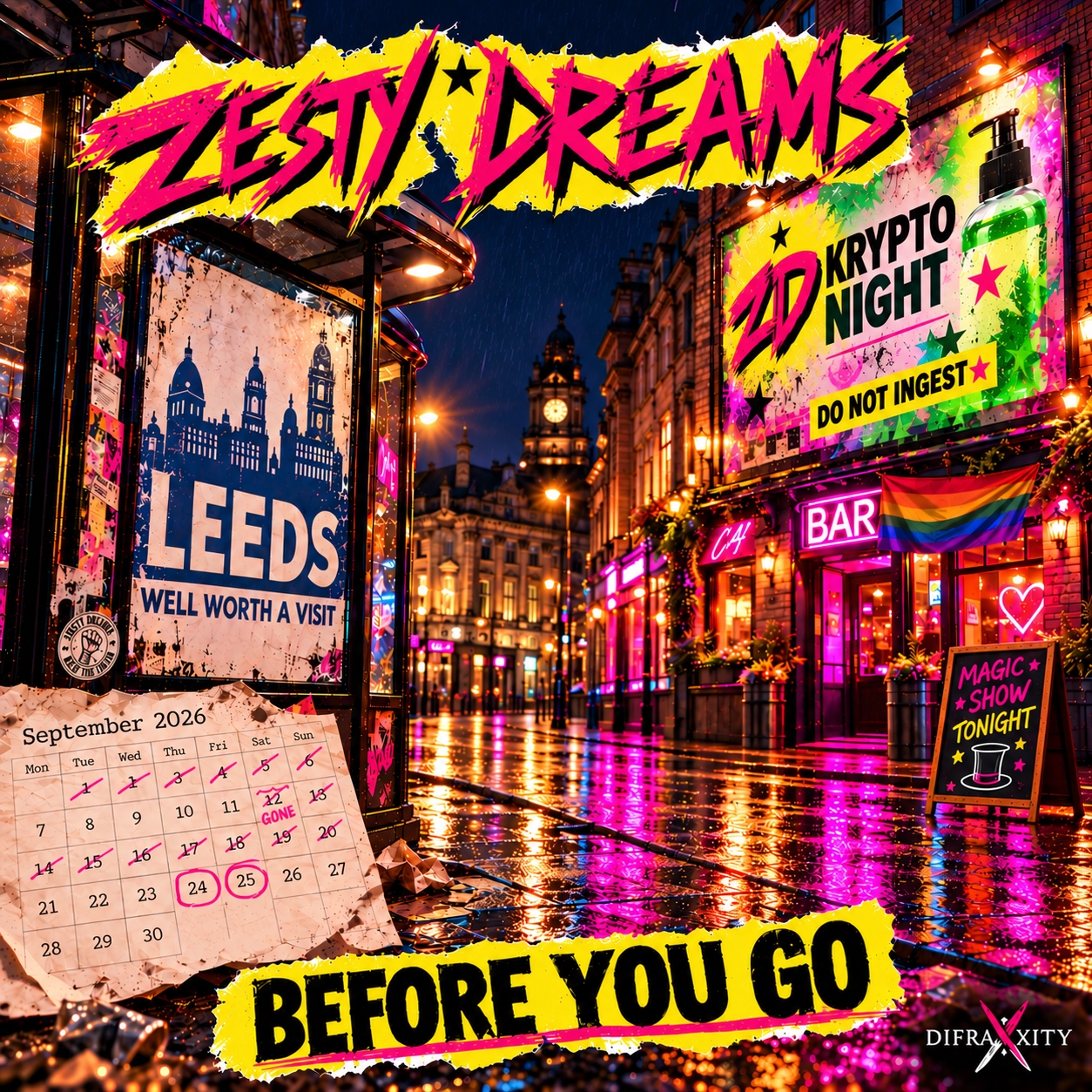 Before You Go by Zesty Dreams: a bright pink and yellow collage of a rainy Leeds street