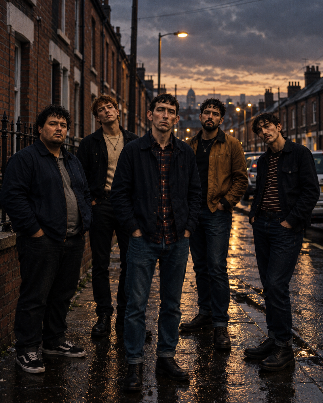 The five members of Carrick Road on a rain-soaked street at dusk