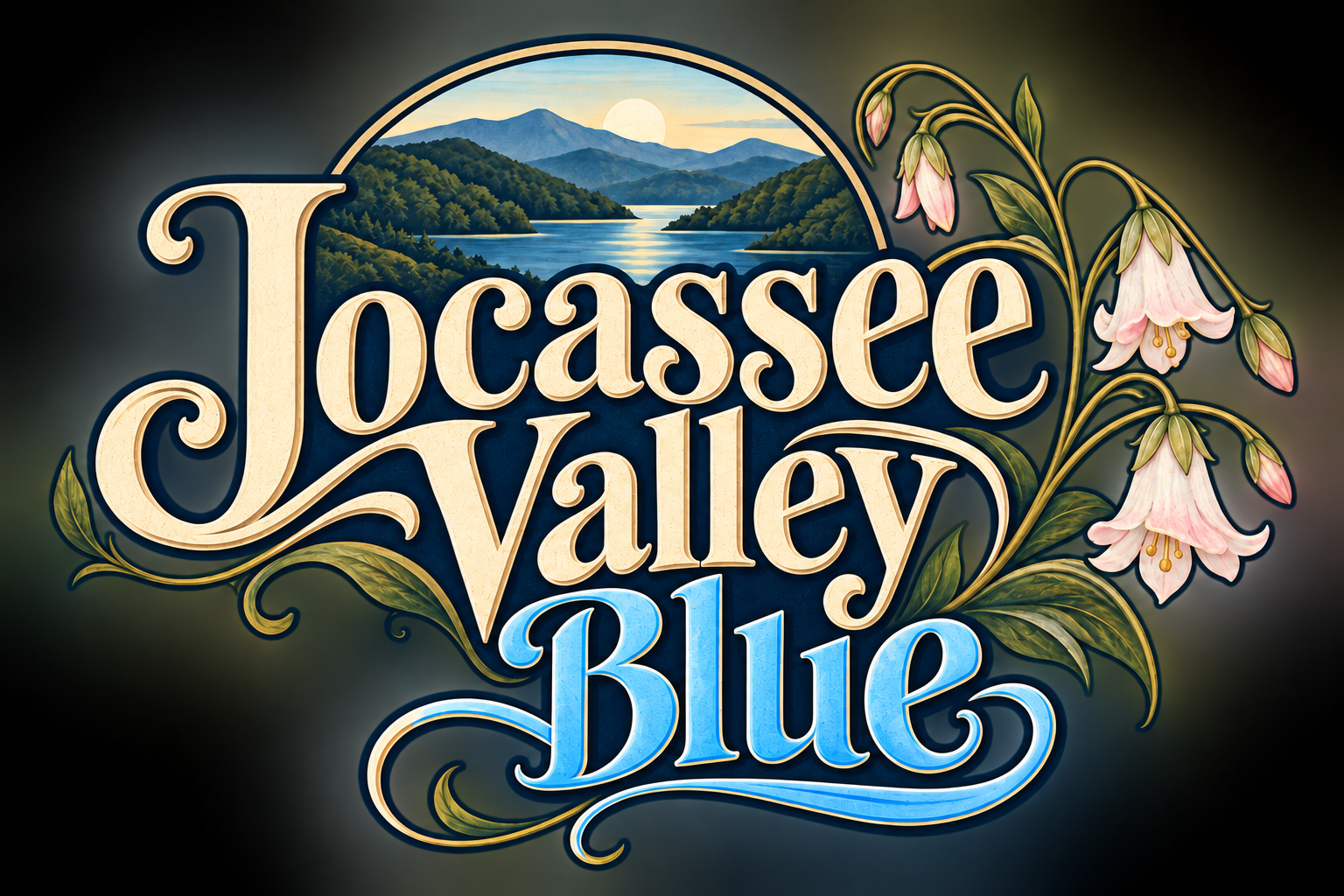 Jocassee Valley Blue logo with a mountain lake and pink-and-white Oconee bell flowers