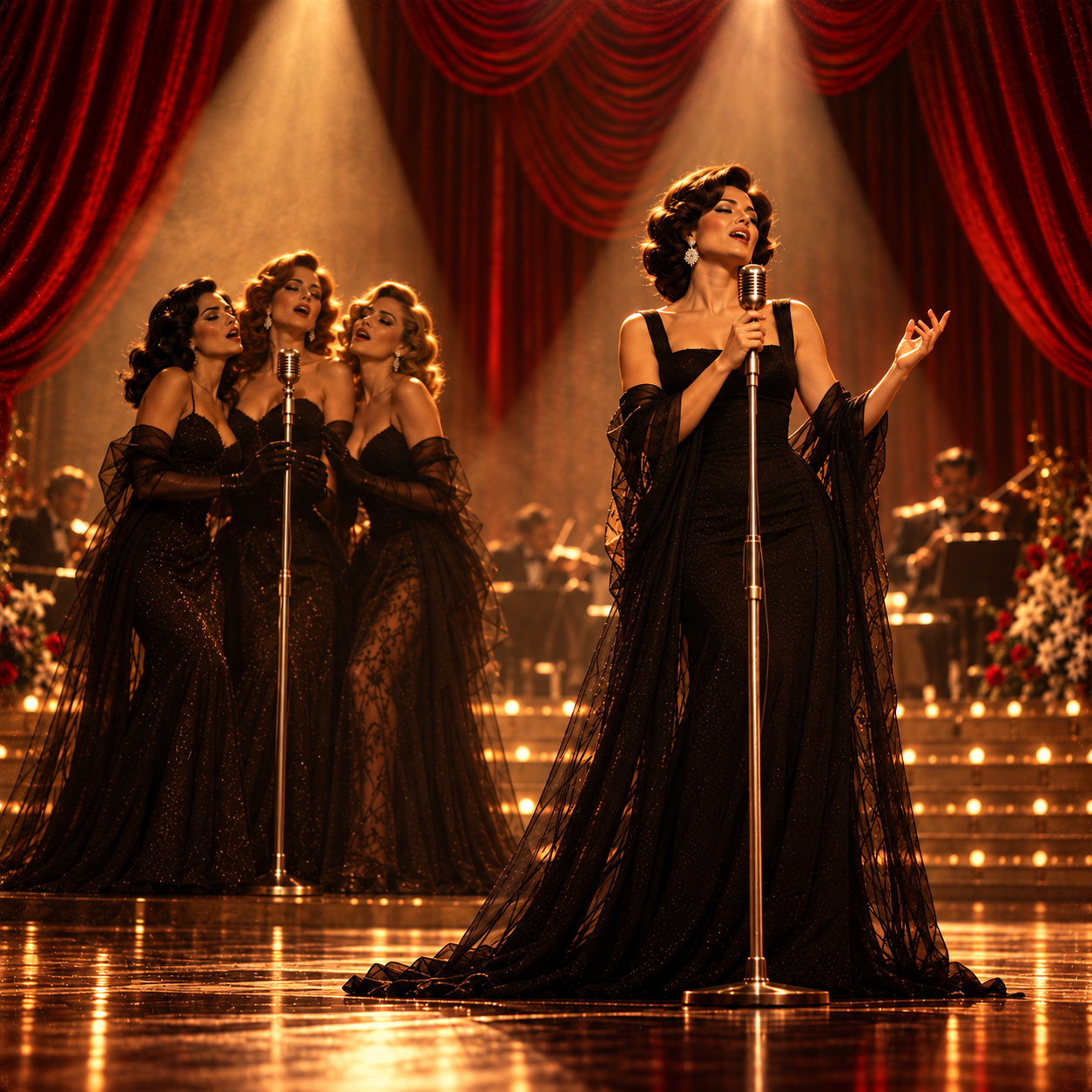 Lamia and the Sororitas singing at vintage microphones in black gowns under golden theatre lights