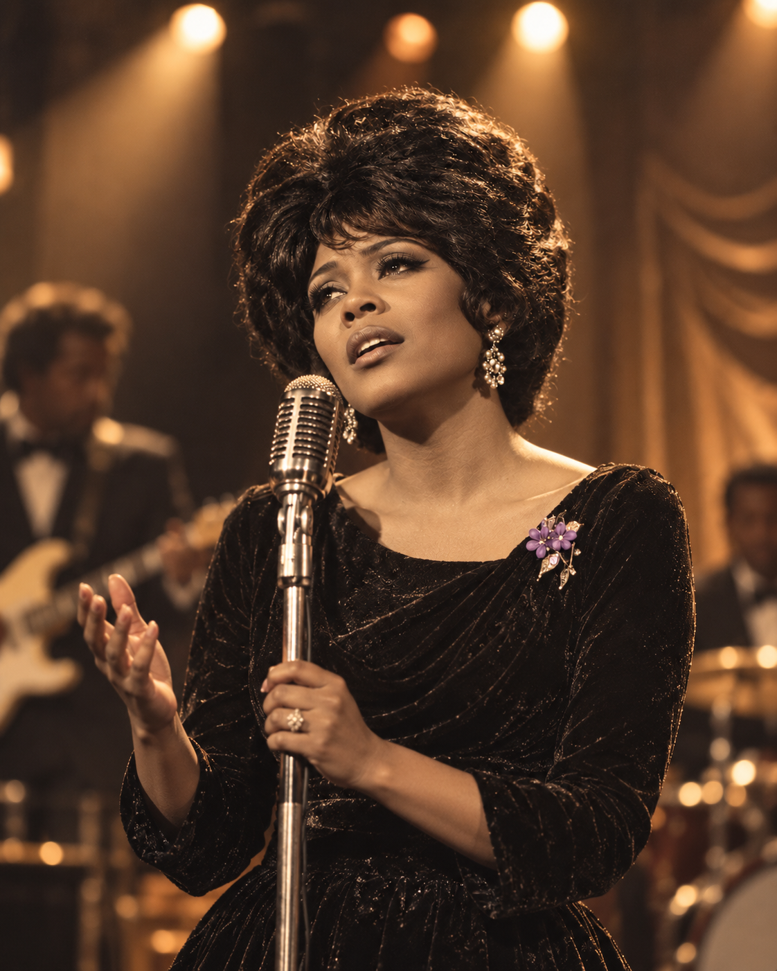 Ruth M Mowbray singing into a vintage microphone beneath golden stage lights