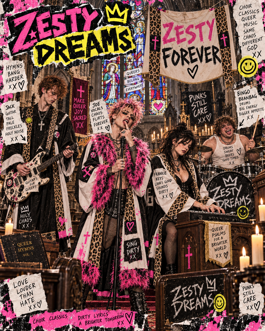 Zesty Dreams: Jack, Joe, Frankie and Bingo Beanbag in a church filled with pink and yellow punk artwork